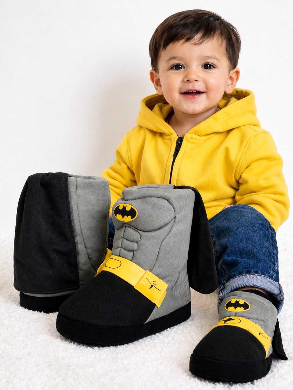 Batman Toddler Boot Slippers With Cape in Gray, Black & Yellow Size 5/6